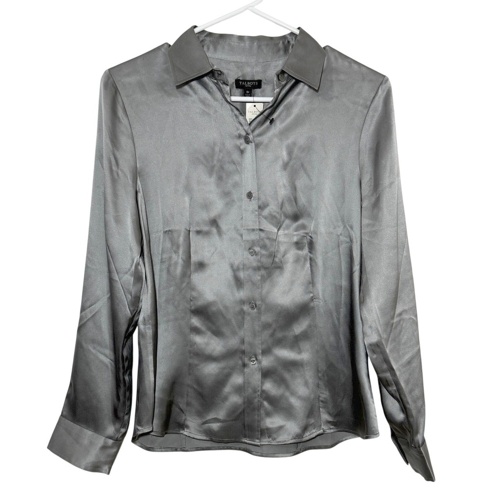 Talbots 100% Silk Blouse Grey Long Sleeve Button Down Women 6P New Metallic Luxe